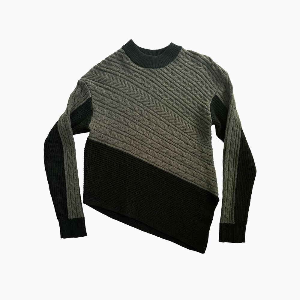 Cable-Knit Forest Green Sweater S Asymmetric Black Contrast Granola 90s Grunge